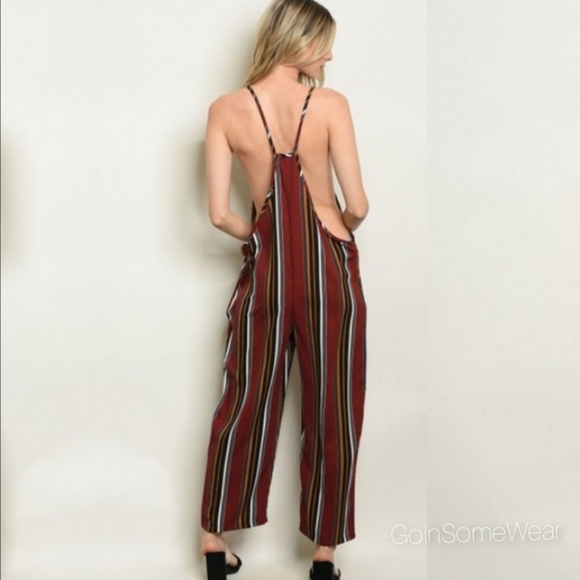 Burgundy Multi Stripes Overall Jumpsuit Size Medium - Picture 5 of 8